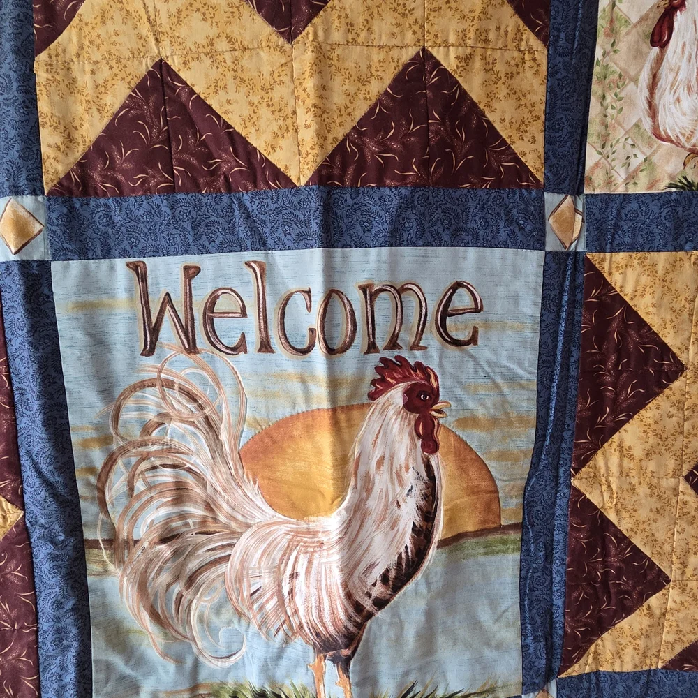 Source Unknown Rooster Quilt Tapestry - Blue, Gold, Brown